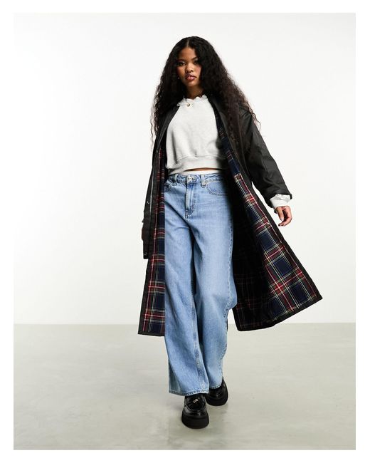 ASOS Blue Asos Design Petite Wax Trench With Check Lining