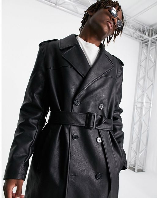 ASOS – kunstleder-trenchcoat in Black für Herren