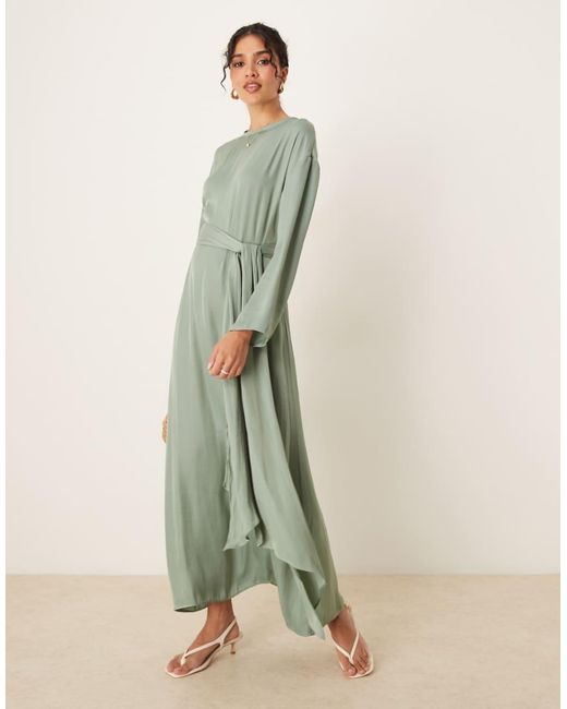 ASOS Green Satin Long Sleeved Tie Detail Maxi Dress