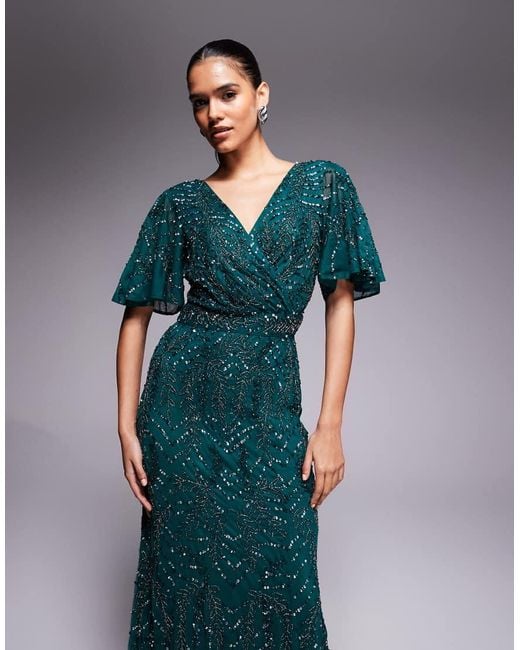 Beauut Blue Embellished V-neck Wrap Flutter Sleeve Maxi Dress