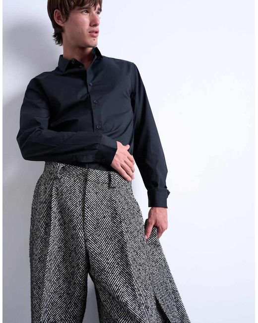 Topman Metallic Wide Leg Wool Blend Herringbone Trousers for men