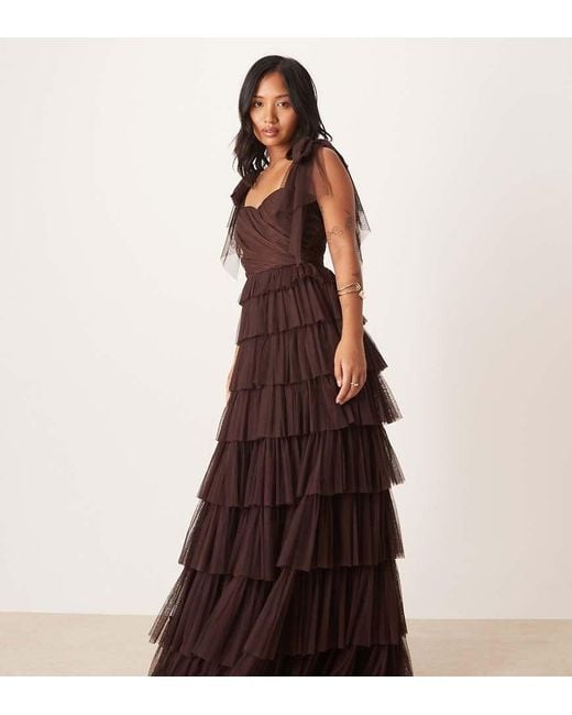 LACE & BEADS Brown Bow Shoulder Tiered Tulle Maxi Dress