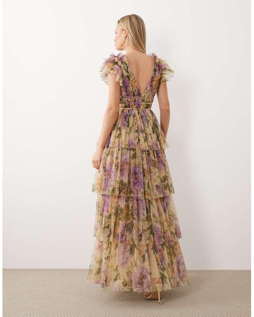 LACE & BEADS Natural Ruffle Shoulder Tiered Tulle Maxi Dress