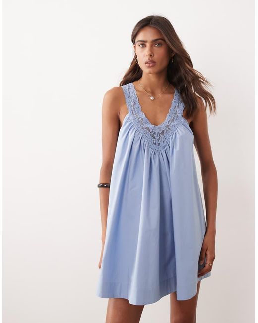 ASOS Blue V Neck Smock Poplin Mini Sundress With Lace Overlay