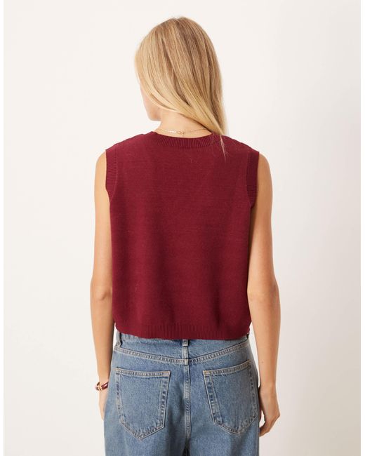 ASOS Red Fine Knit Button Down Tank With Argyle Pattern