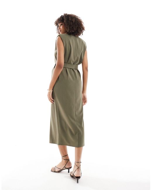 ASOS Green Sleeveless Shoulder Pad Midi Dress With Belt