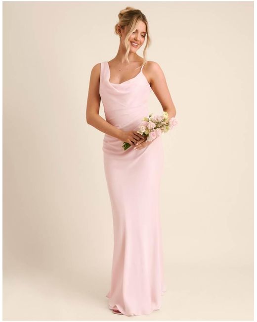 Six Stories Pink Bridesmaid Crepe Asymmetric Cowl Neck Maxi Dress