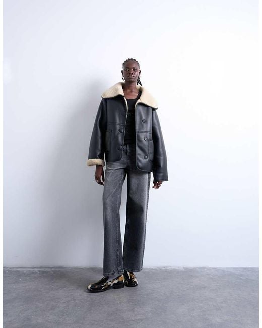 TOPSHOP Black Shearling Oversized Reversible Coat With Button Loop