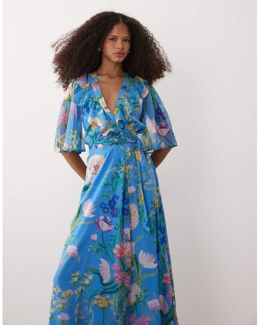 Hope & Ivy Blue Flutter Sleeve Maxi Wrap Dress With Tie Waist