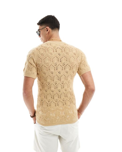 ASOS – figurbetontes t-shirt aus pointelle-strick in Natural für Herren