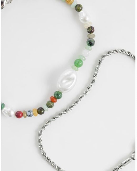 ASOS Gray 2 Pack Faux Pearl With Mixed Semi-precious Bead And Chain Bracelet for men