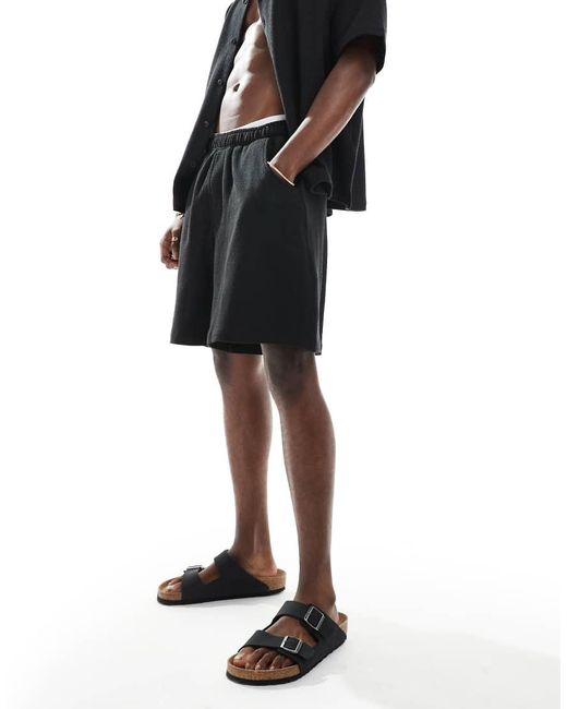 Pull&Bear Black Textured Towelling Shorts Co-ord for men