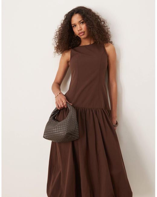 Ghospell Brown Drop Hem Midi Dress