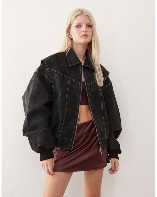 Lioness Black Vista Leather Look Contrast Stitch Bomber Jacket