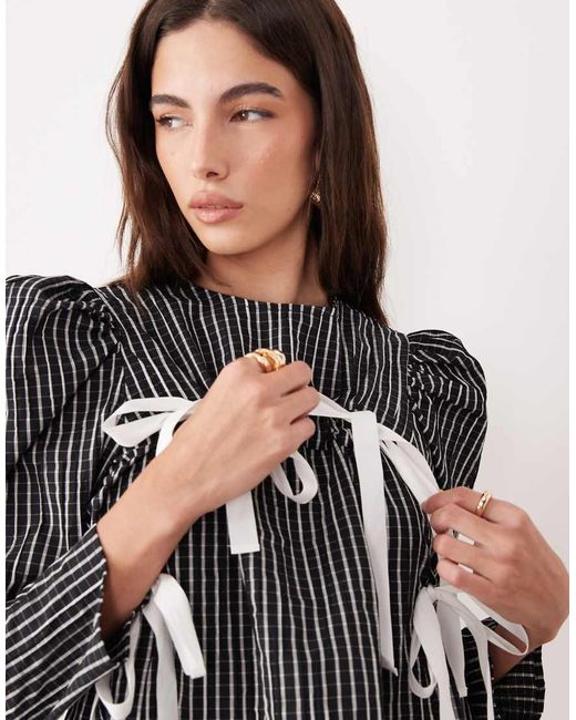 Ghospell Black Cotton Rich Ruched Bow Detail Top