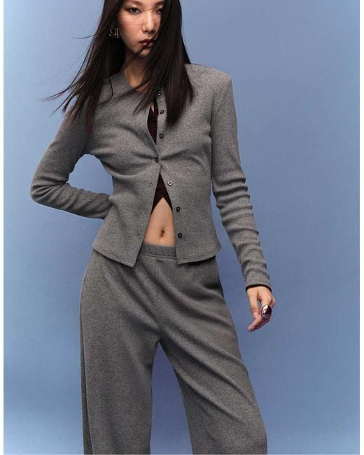 Stradivarius Blue Knit Cardigan With Padded Shoulders