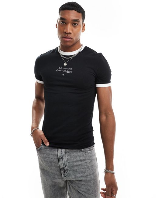 T-shirt attillata nera con bordi a contrasto e scritta stampata sul petto di ASOS in Black da Uomo