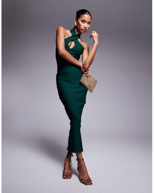 Vesper Green Bengaline Cross Front Halterneck Keyhole Detail Midaxi Dress