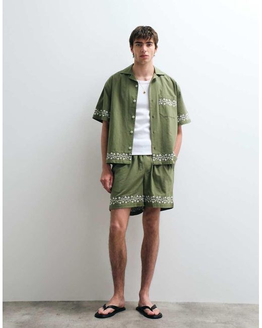 ASOS COLLECTIVE Green Relaxed Fit Cotton-linen Blend Embroidered Shirt for men