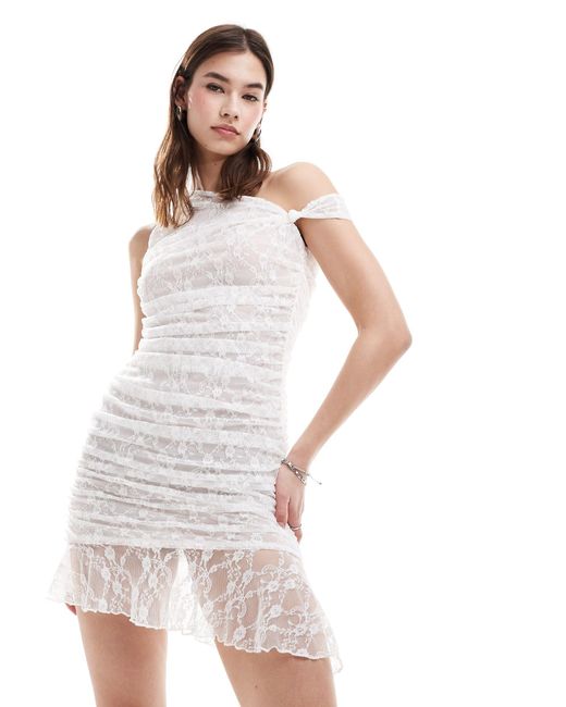 Collusion White Lace Off The Shoulder Frill Hem Mini Dress