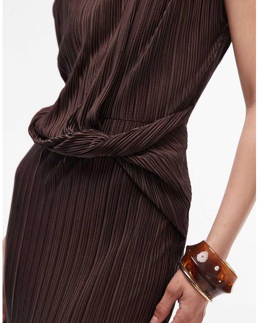 ASOS Brown Plisse Slash Neck Pencil Midi Dress With Twist Waist Detail