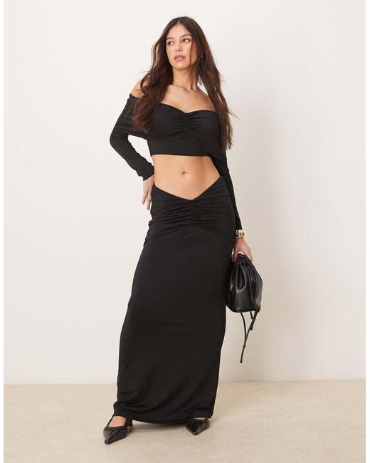 ASOS Black Ruched Maxi Skirt Mesh Co Ord With Gathered V Waist