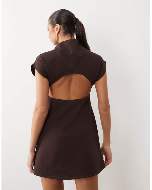 ASOS Brown High Neck Grown On Sleeve Bonded Crepe Mini Dress