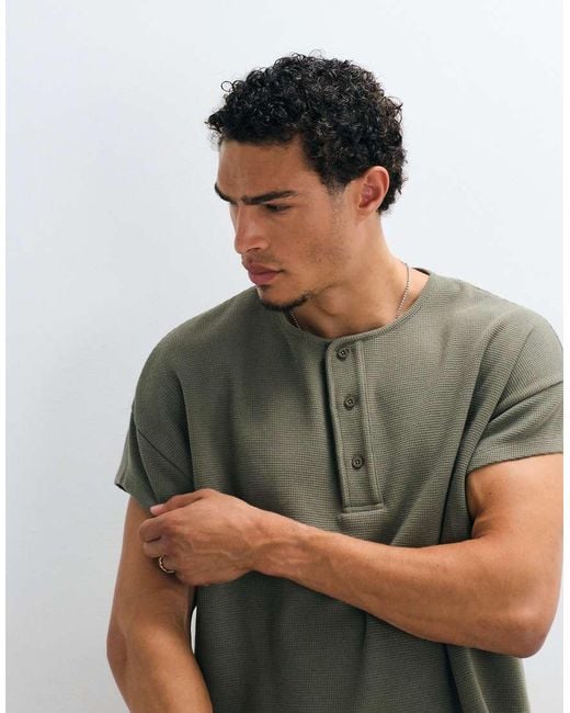 ASOS Green Boxy Oversized T-Shirt With Henley And Cap Sleeve for men