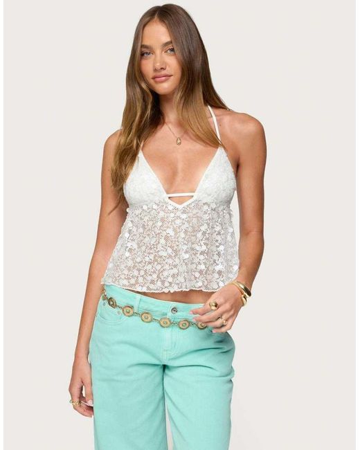 Edikted Blue Meela Sequin Net Halter Top