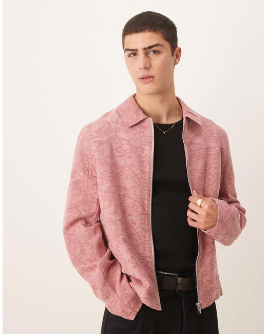 ASOS Pink Cropped Jacquard Harrington Jacket for men