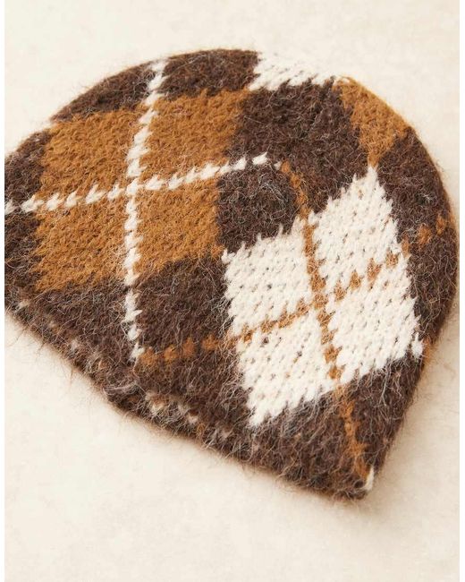 Mango Brown Wool Blend Argyle Beanie