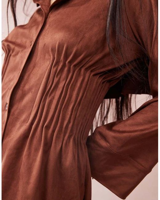 ASOS Brown Suedette Shirt Mini Dress With Cinched Pleat Waist
