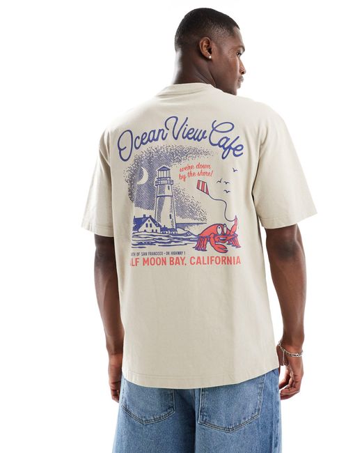 T-shirt coupe carrée avec imprimé ocean view cafe au dos Hollister pour homme en coloris White