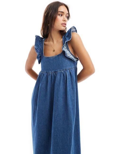 ASOS Blue Soft Denim Smock Maxi Dress With Bow Back
