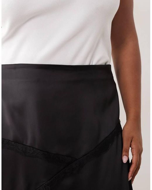 ASOS Black Asos Design Curve Satin Asymmetric Maxi Skirt With Lace Detail