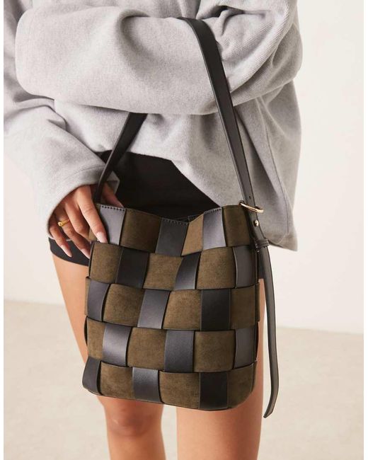 ASOS Green Faux Suede And Faux Leather Weave Bucket Tote Bag