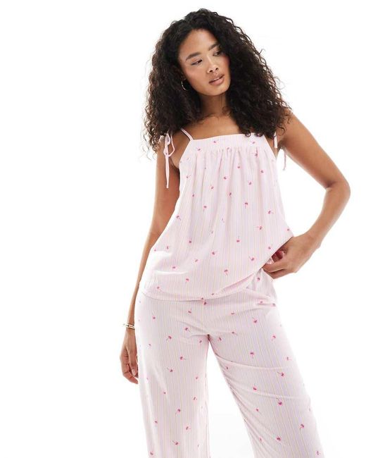 Loungeable White Striped Palm Tie Shoulder Cami And Trouser