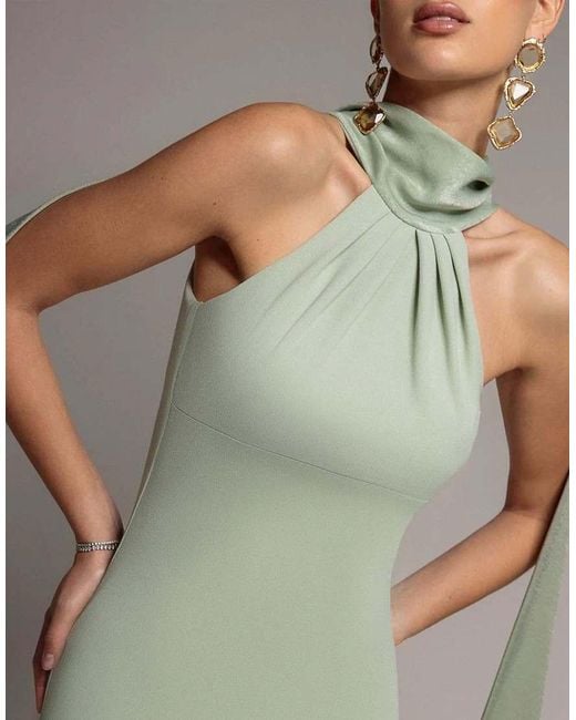 Goddiva Green Sculpting Stretch Jersey & Velvet Satin Cape Sleeve Halterneck Maxi Dress