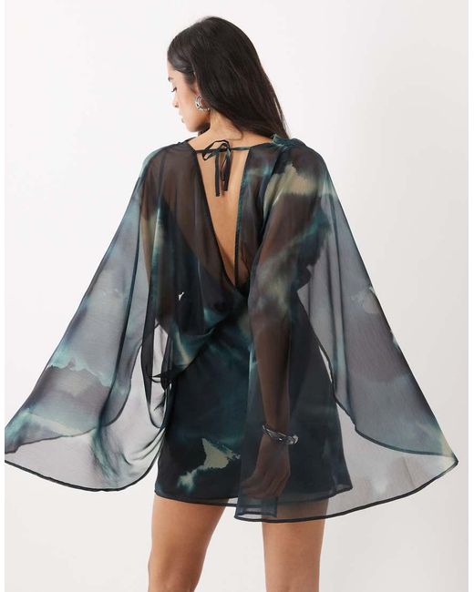ASOS Blue High Neck Drape Front Extreme Cape Sleeve Mini Dress