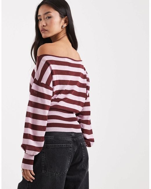 Collusion Red Off Shoulder Stripe Sheer Shimmer Top