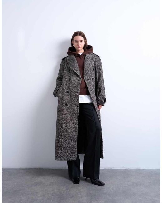 TOPSHOP Jas Van Wolmix Keperstof Met Super Lange Pasvorm En Riem in het Gray