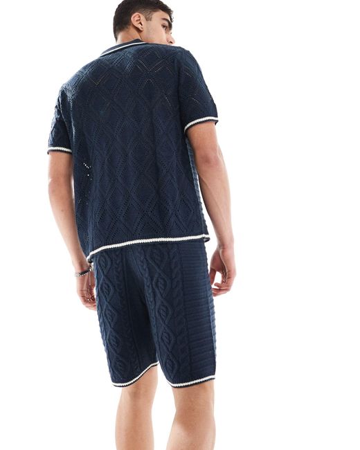 ASOS Blue Co-ord Knitted Spliced Cable And Pointelle Stitch Shorts With Tipping for men