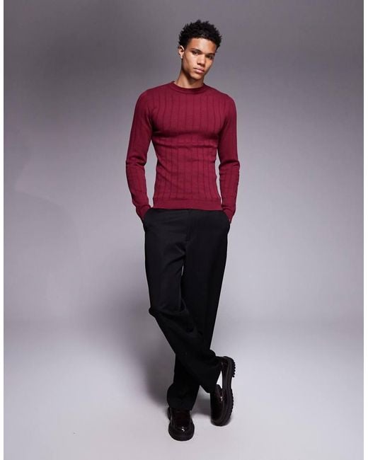 ASOS Red Muscle Fit Long Sleeve Knit Ribbed T-shirt for men