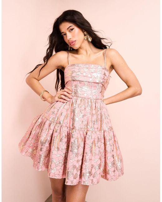 ASOS Pink Jacquard Corsetted Tiered Skater Mini Dress
