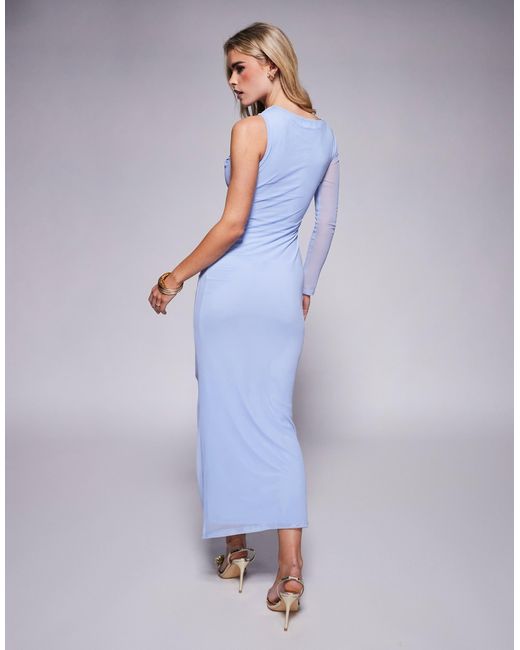 ASOS Purple Asos Design Petite Mesh One Sleeve Asymmetric Midi Dress With Channelled Strap Detail