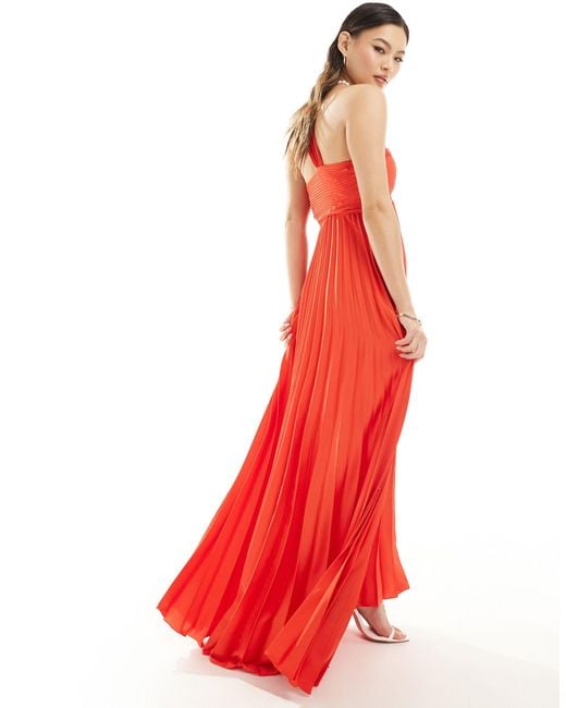 Mango Red One Shoulder Pleated Maxi Dress