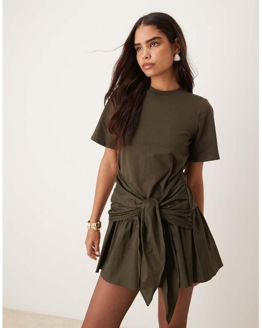 ASOS Natural Tie Front T-shirt Mini Dress With Poplin Skirt