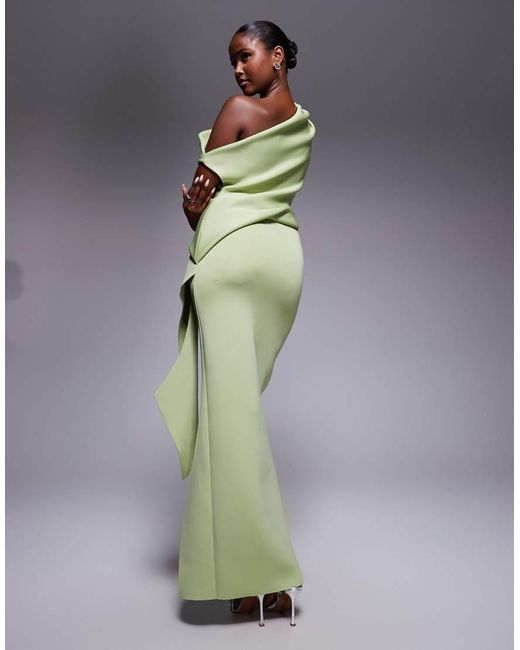 ASOS Green Fallen Shoulder Manipulated Fold Midi Dress