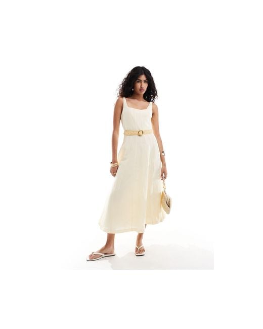 Mango White Selection Linen Mix Seamed Midi Dress