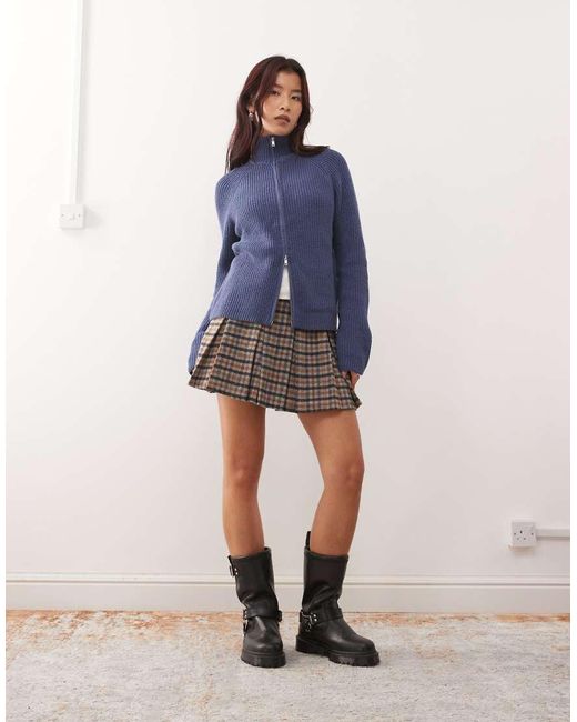 Monki Blue Ribbed Knitted Two Way Zip Cardigan